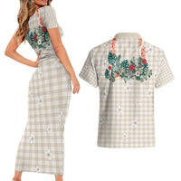 Brown Hawaiian Palaka Couples Matching Short Sleeve Bodycon Dress and Hawaiian Shirt Kukui Nut Money Lei - Polynesian Pride