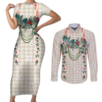 Brown Hawaiian Palaka Couples Matching Short Sleeve Bodycon Dress and Long Sleeve Button Shirt Kukui Nut Money Lei - Polynesian Pride