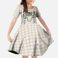 Brown Hawaiian Palaka Family Matching Off The Shoulder Long Sleeve Dress and Hawaiian Shirt Kukui Nut Money Lei - Polynesian Pride