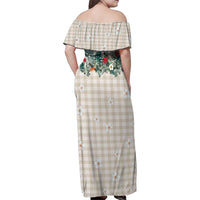 Brown Hawaiian Palaka Family Matching Off Shoulder Maxi Dress and Hawaiian Shirt Kukui Nut Money Lei - Polynesian Pride