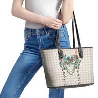 Brown Hawaiian Palaka Leather Tote Bag Kukui Nut Money Lei - Polynesian Pride