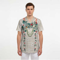 Brown Hawaiian Palaka Scrub Top Kukui Nut Money Lei LT9 - Polynesian Pride