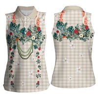 Brown Hawaiian Palaka Women Sleeveless Polo Shirt Kukui Nut Money Lei - Polynesian Pride