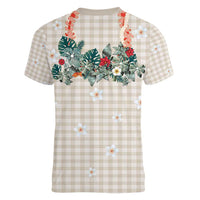 Brown Hawaiian Palaka Women V-Neck T-Shirt Kukui Nut Money Lei - Polynesian Pride