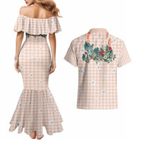 Peach Hawaiian Palaka Couples Matching Mermaid Dress and Hawaiian Shirt Kukui Nut Money Lei - Polynesian Pride