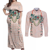 Peach Hawaiian Palaka Couples Matching Off Shoulder Maxi Dress and Long Sleeve Button Shirt Kukui Nut Money Lei - Polynesian Pride