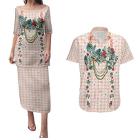 Peach Hawaiian Palaka Couples Matching Puletasi and Hawaiian Shirt Kukui Nut Money Lei - Polynesian Pride