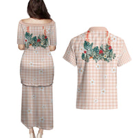 Peach Hawaiian Palaka Couples Matching Puletasi and Hawaiian Shirt Kukui Nut Money Lei - Polynesian Pride