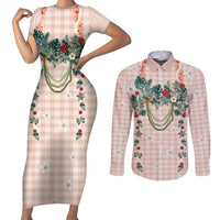 Peach Hawaiian Palaka Couples Matching Short Sleeve Bodycon Dress and Long Sleeve Button Shirt Kukui Nut Money Lei - Polynesian Pride