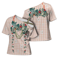 Peach Hawaiian Palaka Cross Shoulder Shirt Kukui Nut Money Lei - Polynesian Pride