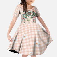 Peach Hawaiian Palaka Family Matching Off The Shoulder Long Sleeve Dress and Hawaiian Shirt Kukui Nut Money Lei - Polynesian Pride