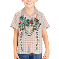 Peach Hawaiian Palaka Family Matching Off Shoulder Short Dress and Hawaiian Shirt Kukui Nut Money Lei - Polynesian Pride