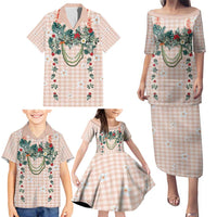 Peach Hawaiian Palaka Family Matching Puletasi and Hawaiian Shirt Kukui Nut Money Lei - Polynesian Pride