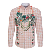Peach Hawaiian Palaka Long Sleeve Button Shirt Kukui Nut Money Lei - Polynesian Pride