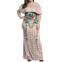 Peach Hawaiian Palaka Off Shoulder Maxi Dress Kukui Nut Money Lei - Polynesian Pride