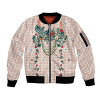 Peach Hawaiian Palaka Sleeve Zip Bomber Jacket Kukui Nut Money Lei - Polynesian Pride