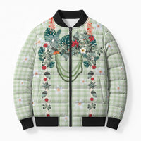 Sage Green Hawaiian Palaka Bomber Puffer Jacket Kukui Nut Money Lei - Polynesian Pride