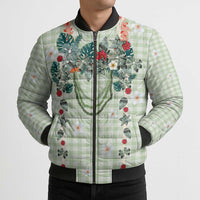 Sage Green Hawaiian Palaka Bomber Puffer Jacket Kukui Nut Money Lei - Polynesian Pride