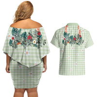 Sage Green Hawaiian Palaka Couples Matching Off Shoulder Short Dress and Hawaiian Shirt Kukui Nut Money Lei - Polynesian Pride