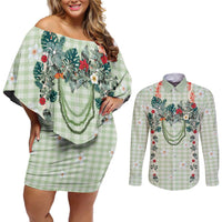 Sage Green Hawaiian Palaka Couples Matching Off Shoulder Short Dress and Long Sleeve Button Shirt Kukui Nut Money Lei - Polynesian Pride