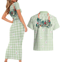 Sage Green Hawaiian Palaka Couples Matching Short Sleeve Bodycon Dress and Hawaiian Shirt Kukui Nut Money Lei - Polynesian Pride