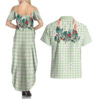 Sage Green Hawaiian Palaka Couples Matching Summer Maxi Dress and Hawaiian Shirt Kukui Nut Money Lei - Polynesian Pride