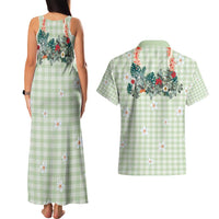 Sage Green Hawaiian Palaka Couples Matching Tank Maxi Dress and Hawaiian Shirt Kukui Nut Money Lei - Polynesian Pride