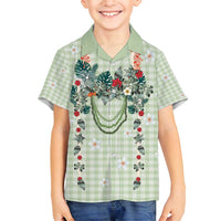 Sage Green Hawaiian Palaka Family Matching Off Shoulder Maxi Dress and Hawaiian Shirt Kukui Nut Money Lei - Polynesian Pride