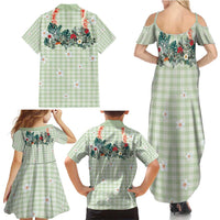 Sage Green Hawaiian Palaka Family Matching Summer Maxi Dress and Hawaiian Shirt Kukui Nut Money Lei - Polynesian Pride