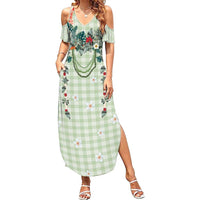 Sage Green Hawaiian Palaka Family Matching Summer Maxi Dress and Hawaiian Shirt Kukui Nut Money Lei - Polynesian Pride