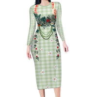 Sage Green Hawaiian Palaka Long Sleeve Bodycon Dress Kukui Nut Money Lei - Polynesian Pride