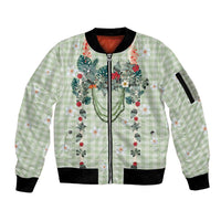 Sage Green Hawaiian Palaka Sleeve Zip Bomber Jacket Kukui Nut Money Lei - Polynesian Pride