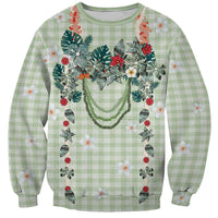 Sage Green Hawaiian Palaka Sweatshirt Kukui Nut Money Lei - Polynesian Pride