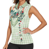 Sage Green Hawaiian Palaka Women Sleeveless Polo Shirt Kukui Nut Money Lei - Polynesian Pride
