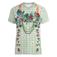 Sage Green Hawaiian Palaka Women V-Neck T-Shirt Kukui Nut Money Lei - Polynesian Pride