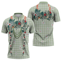 Sage Green Hawaiian Palaka Zipper Polo Shirt Kukui Nut Money Lei - Polynesian Pride