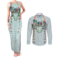 Turquoise Hawaiian Palaka Couples Matching Tank Maxi Dress and Long Sleeve Button Shirt Kukui Nut Money Lei LT9 Turquoise - Polynesian Pride