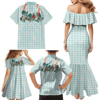 Turquoise Hawaiian Palaka Family Matching Mermaid Dress and Hawaiian Shirt Kukui Nut Money Lei - Polynesian Pride