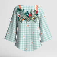 Turquoise Hawaiian Palaka Kimono Sleeve Blouse Kukui Nut Money Lei - Polynesian Pride