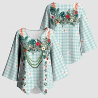 Turquoise Hawaiian Palaka Kimono Sleeve Blouse Kukui Nut Money Lei - Polynesian Pride