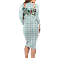 Turquoise Hawaiian Palaka Long Sleeve Bodycon Dress Kukui Nut Money Lei - Polynesian Pride