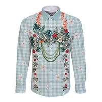 Turquoise Hawaiian Palaka Long Sleeve Button Shirt Kukui Nut Money Lei - Polynesian Pride