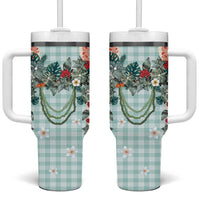 Turquoise Hawaiian Palaka Tumbler With Handle Kukui Nut Money Lei - Polynesian Pride