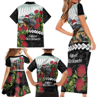 Meri Kirihimete Tuatara Family Matching Short Sleeve Bodycon Dress and Hawaiian Shirt New Zealand Fern with Puhutukawa Flowers