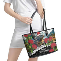 Meri Kirihimete Tuatara Leather Tote Bag New Zealand Fern with Puhutukawa Flowers