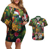 Meri Kirihimete Kakapo Santa Couples Matching Off Shoulder Short Dress and Hawaiian Shirt Merry Christmas with Tropical Vibe