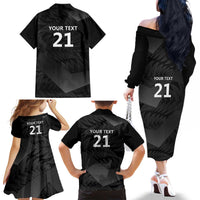 New Zealand Cricket Custom Family Matching Off The Shoulder Long Sleeve Dress and Hawaiian Shirt Potae Pango Black Fern Pattern