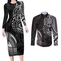 Polynesian Turtle Tribal Tattoo Couples Matching Long Sleeve Bodycon Dress and Long Sleeve Button Shirt Black Style