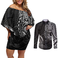 Polynesian Turtle Tribal Tattoo Couples Matching Off Shoulder Short Dress and Long Sleeve Button Shirt Black Style