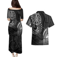 Polynesian Turtle Tribal Tattoo Couples Matching Puletasi and Hawaiian Shirt Black Style